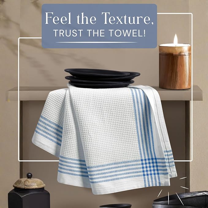 Waffle White & Sky Blue Kitchen Towels 12 Pack, 100% Cotton 16x26 inches, Quick Dry Bar Mop Towel, Super Absorbent Wash Cloths for Cleaning, Drying Dishes, Long Lasting Dishcloth