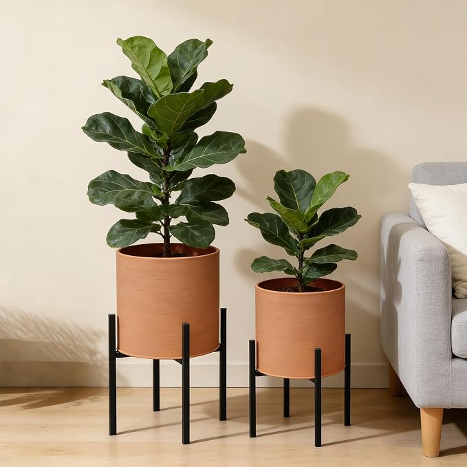 ARNIS Modern Plant Pots, Large Planters with Stand, Set of 2 Decorative Planters, Metal Pots with Drainage Holes for Living Room, Office, Garden or Balcony, 10.5 &12.25 Inch, Terracotta