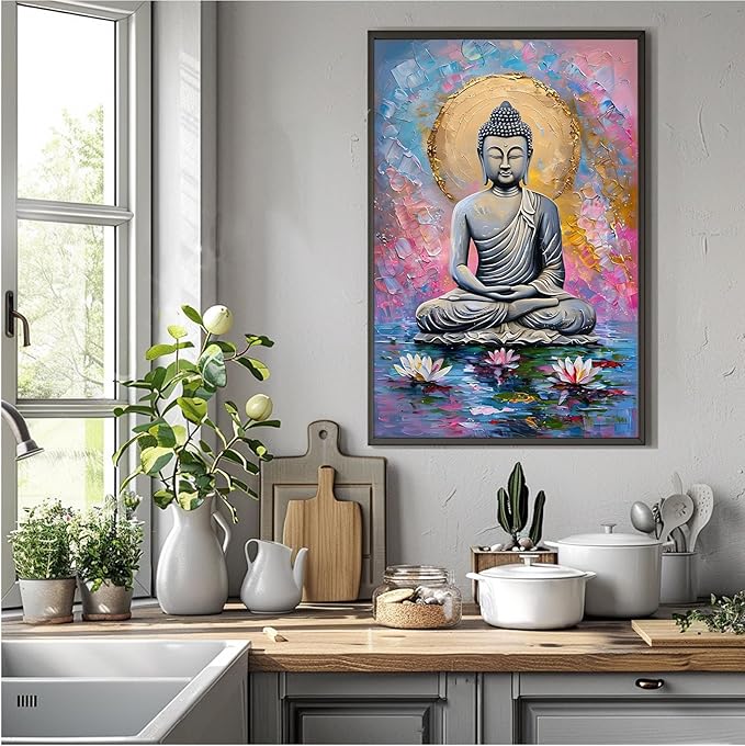 Lotus and golden Buddha meditation tranquil zen wall art mindfulness wall art for spiritual harmony and tranquility decor 20x30in Metal blackFramed
