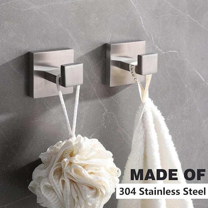 LANC 2PCS Bathroom Towel Hooks, Heavy Duty Stainless Steel Robe Hooks for Hanging Clothes,Coat,Towels, Wall Mount Bath Hooks for Contemporary Bathroom,Kitchen, Brushed Nickel, A8805BN-P2