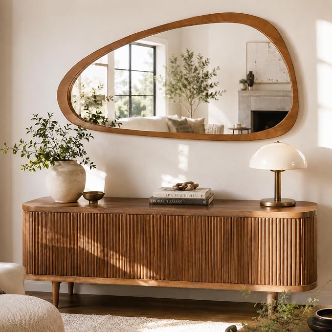Solid Wood 48"x24" Large Aesthetic Wabi-Sabi Statement Mirror, Warm Walnut Full Length Irregular Mirror, Modern Organic Asymmetrical Wooden Wall-Mounted Mirror, Honey Walnut