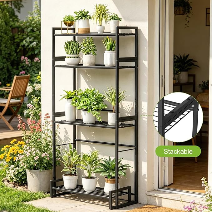 VyGrow Plant Stand, 4 Tier Widened Stackable Tiered Plant Stand, Upgraded Scalable Heavy Duty Tall Plant Shelf for Indoor Outdoor, Garden, Display Shelves, Flower Pot Holder, Black