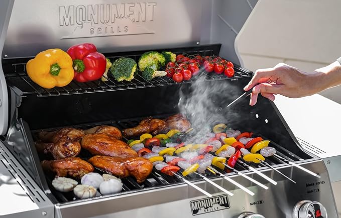 Monument Grills 4-Burner Liquid Propane Gas Grill, Silver Stainless Steel Grill Patio Garden Barbecue Grill with Clearview® Lid and One Foldable Shelf, Mesa400MF with BBQ Cover