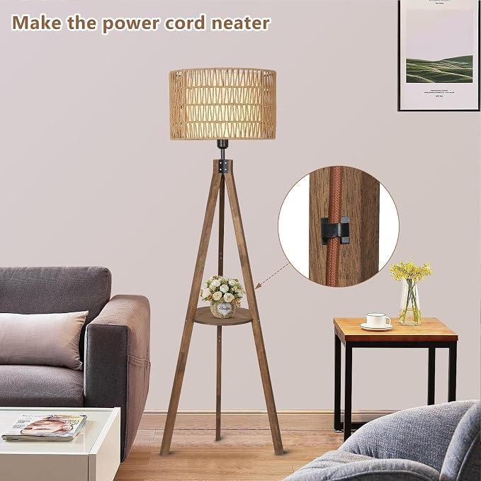 LAMSU Boho Tripod Floor Lamps for Living Room, Rattan Wood Floor Lamp with Fabric Shades, Mid Century Standing Lamp with Shelf, Foot Switch, Modern Farmhouse Tall Lamps for Bedroom Office Brown