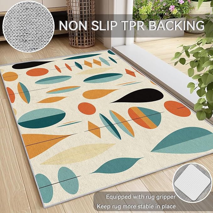 Mid Century Modern Rug 6x9, Washable Geometric Rugs for Living Room Bedroom, Retro Area Rug for Home Decor, Non Slip Backing Floor Carpet with Gripper - 6 x 9 ft