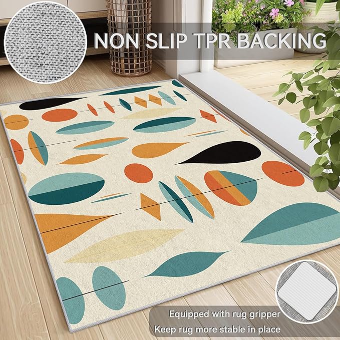 Mid Century Modern Rug 8x8, Washable Geometric Rugs for Living Room Bedroom, Retro Area Rug for Home Decor, Non Slip Backing Floor Carpet with Gripper - 8 x 8 ft