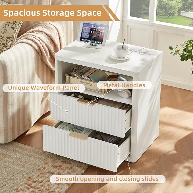 LEYAOYAO Fluted Nightstand with Charging Station, 23" Wide 2 Drawers End Table,White Night Stand with Open Storage Cabinet, Farmhouse Bed Side Tables, Wood Dresser for Bedroom, Living Room, Closet