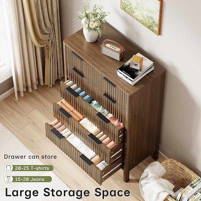 47" Tall Dressers for Bedroom Fluted 5 Drawer Dresser, Wooden Dresser Modern Chest of Drawers Dressers with Organizer Storage for Bedroom, Living Room, Entryway, Walnut