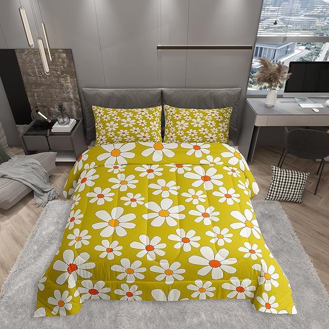 Hippie Flowers Comforter Set Twin Size,70s Retro Floral Quilt Set for Kids Boys Bedroom Collection,Groovy Cartoon White Daisy Polyester Bedding with 1 Pillowcase,2Pcs