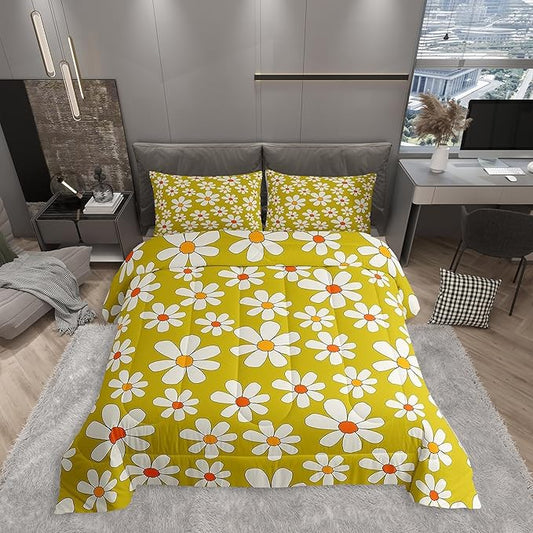 Hippie Flowers Comforter Set Twin Size,70s Retro Floral Quilt Set for Kids Boys Bedroom Collection,Groovy Cartoon White Daisy Polyester Bedding with 1 Pillowcase,2Pcs