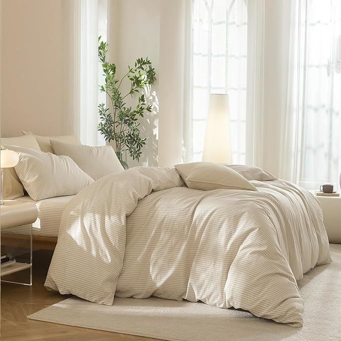 JIYUAN 100% Washed Cotton Striped Duvet Cover Set 3 Pieces King, 1 Duvet Cover and 2 Pillowcases(Comforter Not Included),Linen Like Bedding Set Comfy and Breathable,Pinstripes-Heathered Beige White