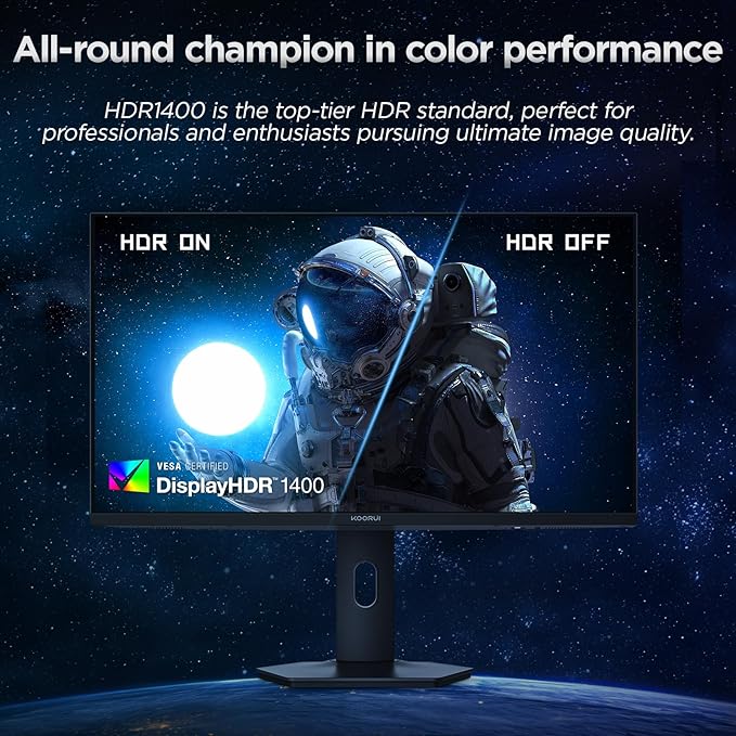 KOORUI 27" 4K QD-Mini LED Gaming Monitor - Dual-Mode (UHD 160Hz or FHD 320Hz), 1ms, 99% Adobe RGB, HDR1400, 90W USB-C, HDMI 2.1/DP1.4, VESA, Tilt Height Swivel Vertical Adjustment, Black, S2741LM