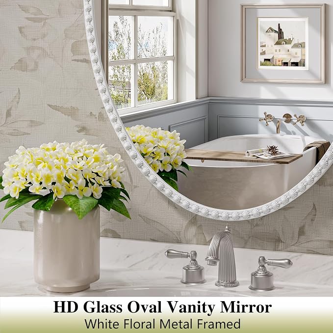 Oval Bathroom Mirror, 24x36 Inch Floral White Oval Mirrors for Wall, White Metal Floral Frame Mirrors for Bedroom Living Room Hallway, Hangs Horizontally or Vertically