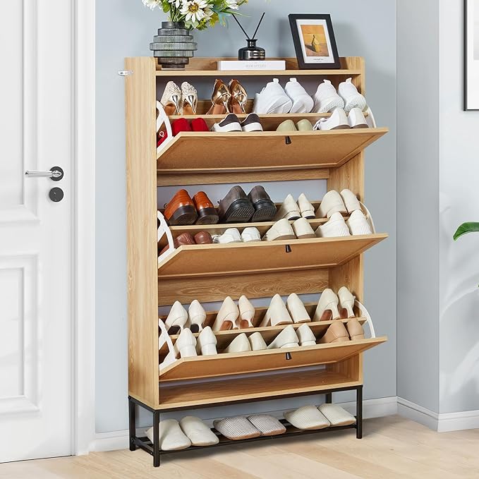 LEVNARY Shoe Storage Cabinet with 3 Flip Drawers, Freestanding Shoe Cabinet Storage Organizer for Entryway, Wooden Narrow Shoe Racks Cabinet with Metal Legs for Hallway (Natural Oak)