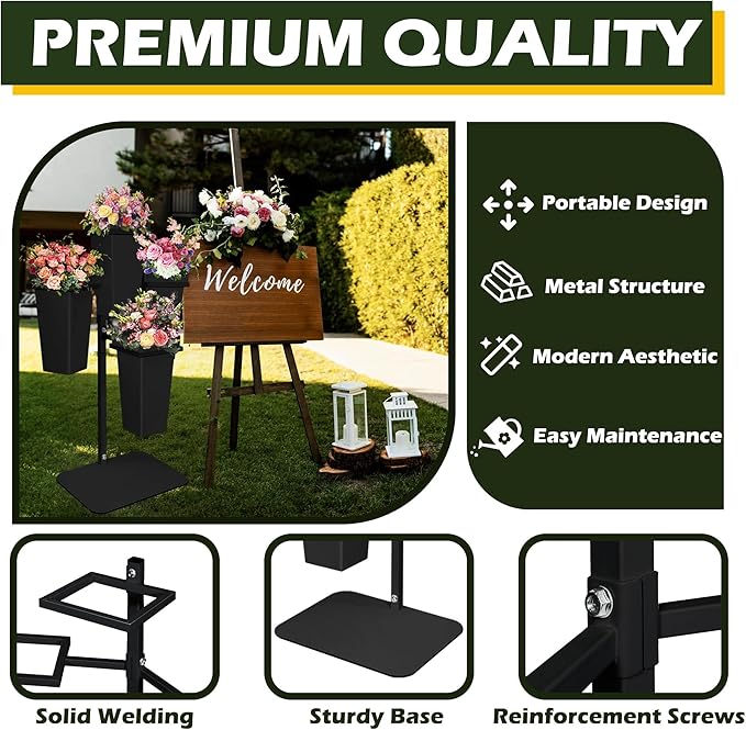 PROLEE Flower Display Stand with Buckets, Wedding Flower Cart Display Stand with Wheels,Flower Stand for Wedding Party, Events and Garden Decor (Black)