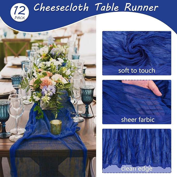 12 Pack Boho Gauze Table Runner - 35x72 Inch Royal Blue
