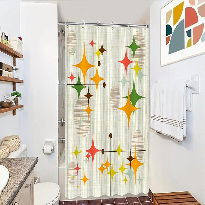 Stall Mid Century Modern Shower Curtain Set Retro Stars Shower Curtains for Bathroom Abstract Vintage Boho Art Waterproof Fabric Bath Curtain Decor (36'' x 72'')