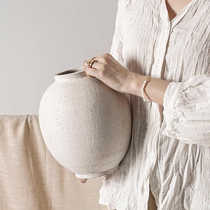 9.8 Inch + 13.6 Inch Ceramic Vase for Centerpieces, Farmhouse Rustic Minimalist Home Decor for Living Room, Enterway, Wedding (Sandstone White)