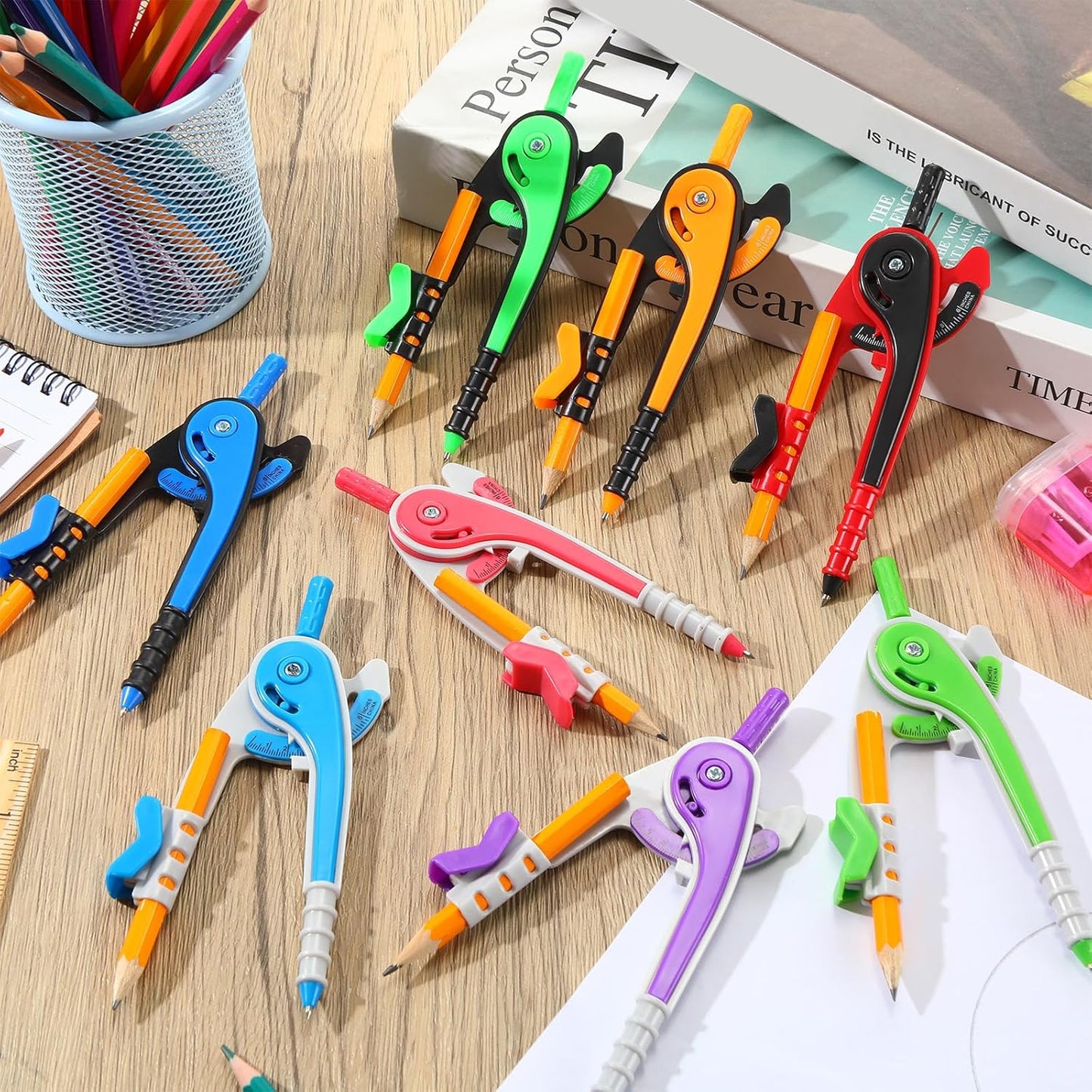 Zonon Geometry Compass Set - 6 Inch Plastic Drawing Tool with Pencils | Bright Colors for School (12 Pcs)