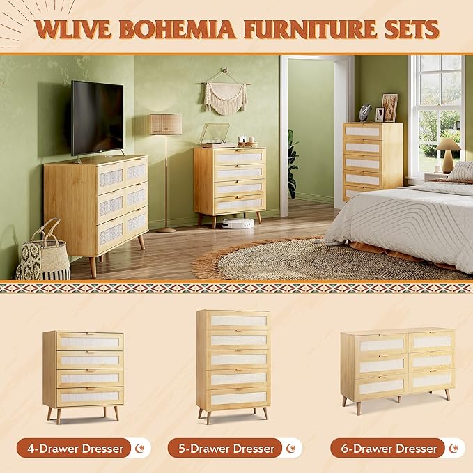WLIVE Rattan Dresser for Bedroom, 4 Drawer Wooden Boho Dresser Storage with Gold Metal Handle, Chest of Drawers for Living Room, Closet, Hallway, Light Oak