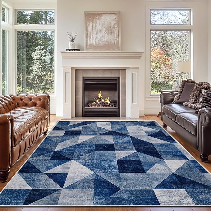 5x7 Navy Blue Area Rug Modern Geometric Blue White Beige Bedroom Rug Soft Low Pile Thin Large Carpet Living Room Non Slip Dining Room Stain Resistant Office Washable Machine