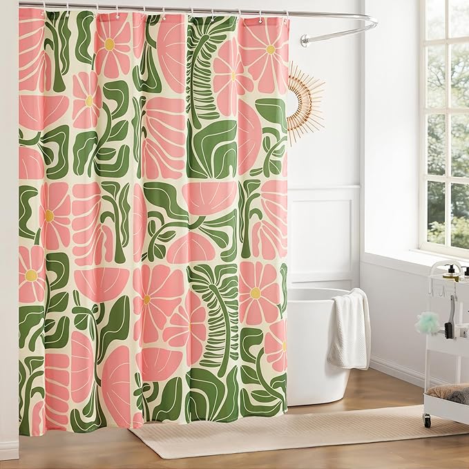 Ohocut Mid Century Modern Abstract Geometric Colorful Boho Shower Curtains for Bathroom, Cute Pink Floral Bathroom Shower Curtain, Vintage Retro Bath Curtain, Waterproof Shower Curtain 72''x72''