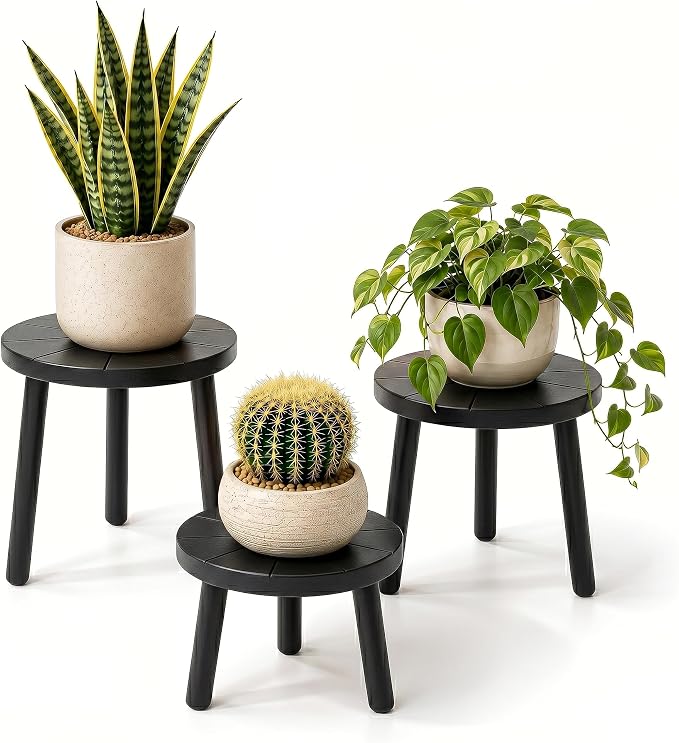 Delma Wood Plant Stands Indoor, 3-Pack Single Plant Stand for 7-10 Inch Pots, Mid-Century Modern Plant Stool, Tall Plant Stand for Large Plants for Living Room, Balcony, Office (Black, 3-Pack)