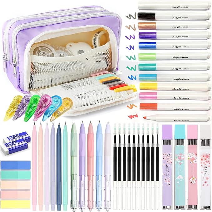 Ristpal 42 PCS Aesthetic School Supplies with Large Pencil Case, 12 Marker Pens with box, 5 Black Ink Gel Pens, 6 Mechanical Pencils Set, Sticky Notes, Complete Essentials Stationery Kit for Students