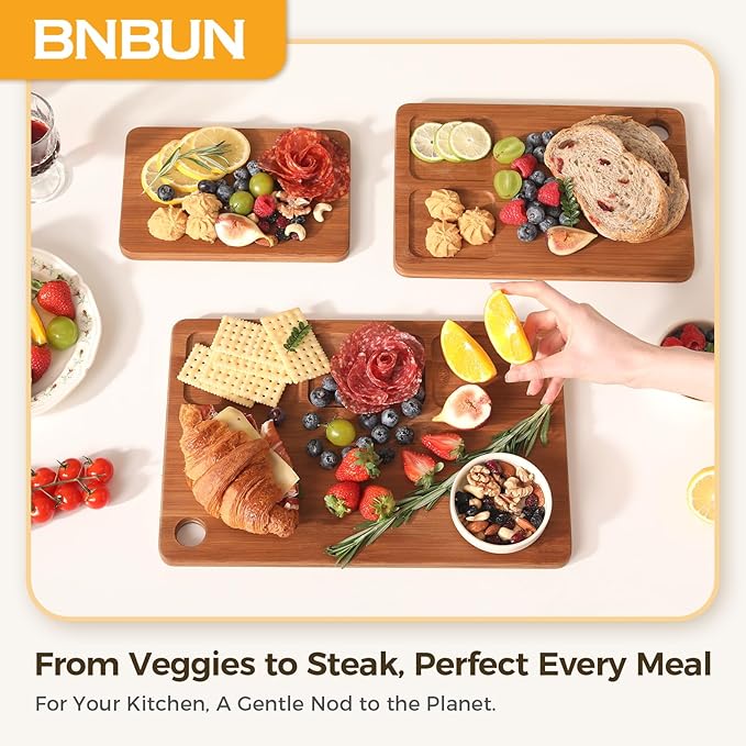 Bamboo Cutting Board for Kitchen, Wooden Cutting Board 3-Piece Set with Non-Slip Mat Deep Juice Groove and Built-In Handles, Wood Cutting Board for Meat Vegetables Fruit Ideal Gift for the Home