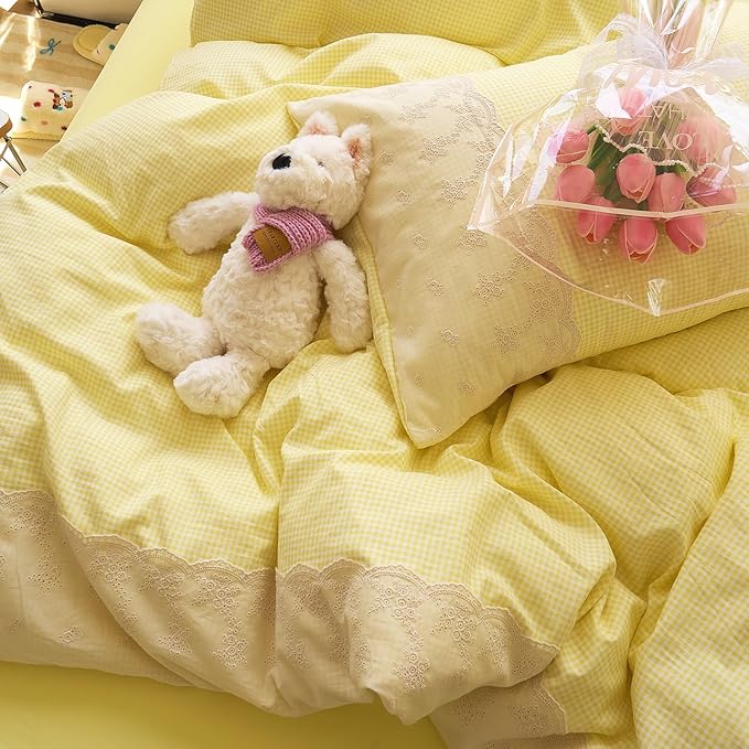 LifeTB Yellow Gingham Duvet Cover King 3 Pieces Romantic Lace Comforter Cover Soft Microfiber Cream Yellow Grid Duvet Cover Farmhouse Plaid Checkered Comforter Cover Grid Gingham Bedding Set