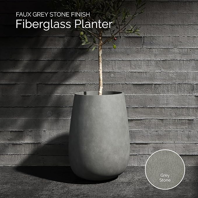 Mondo High Tall Planter – Grey Stone Finish – Fiberglass Indoor/Outdoor and Weather-Resistant Round Planter (17.7" D x 30.9" H Exterior, 16.5" D x 30.7" H Interior)