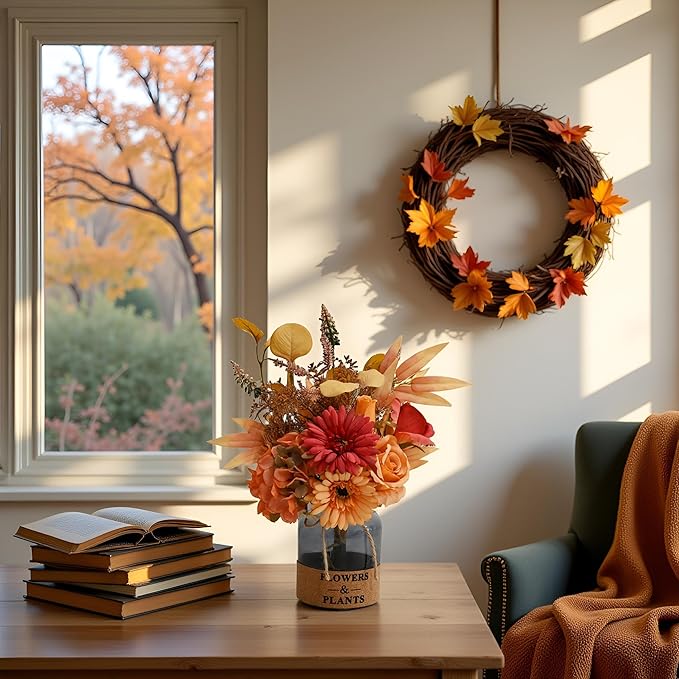 LADADA Artificial Flower in Glass Vase,Fall Silk Flower Arrangements,Fall Centerpieces for Tables,Artificial Flowers for Autumn Decor,Thanksgiving Party Table Rustic Wedding（Orange-Yellow）