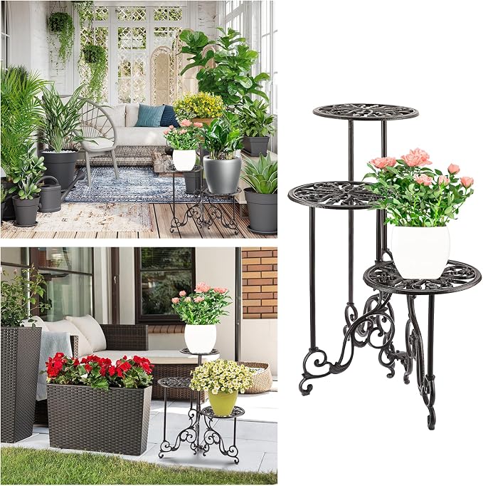 OwnMy 3 Tier Heavy Duty Cast Iron Plant Stand Foldable Wrought Iron Flower Pot Holder, Indoor Outdoor Tall Plant Stand Shelf for Garden Patio, Decorative Round Metal Plant Display Rack, Retro Brown