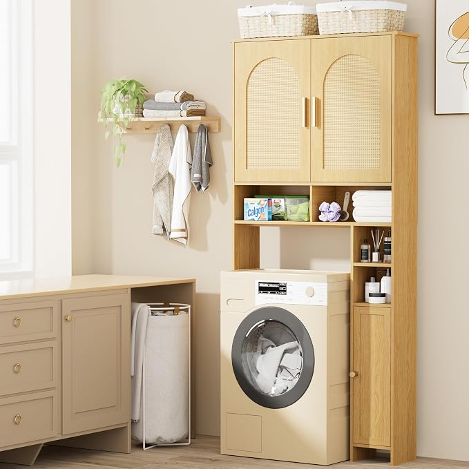 Homhedy 67" H Over The Toilet Storage Cabinet, Boho Bathroom Organizer with Rattan Decorated Doors, Adjustable Shelves, Toilet Paper Holder, Space-Saving Bathroom Shelf for Small Spaces, Natural