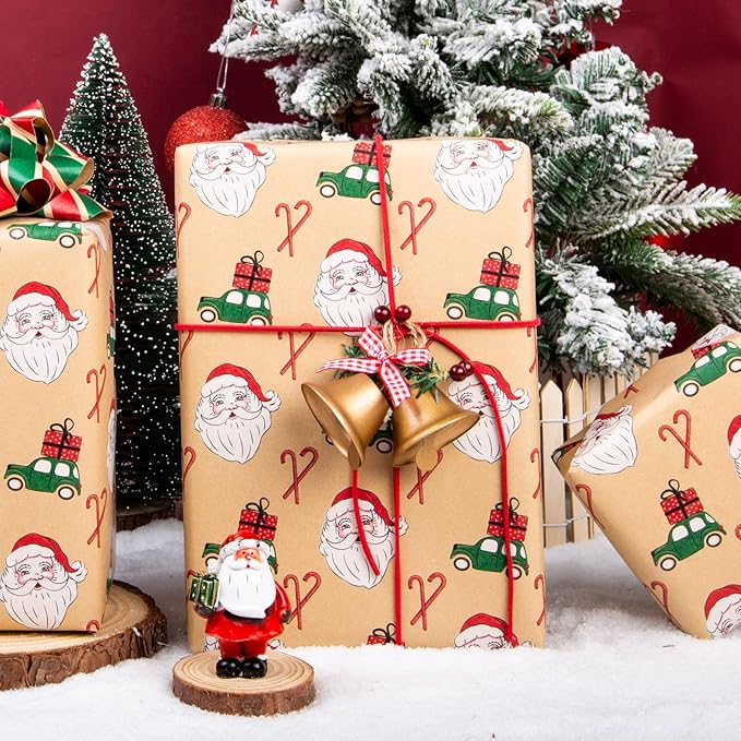 Yarcony Kraft Christmas Wrapping Paper Roll, Brown Vintage Santa Wrapping Paper, Funny Santa, Truck & Candy Cane Pattern Thick Christmas Gift Wrap for Holiday Gift Packaging (17 Inch X 33 Feet)