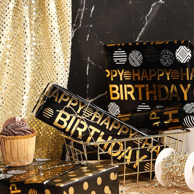 WRAPAHOLIC Reversible Birthday Wrapping Paper Roll - Mini Roll - 17 Inch x 16.5 Feet - Black Gold Happy Birthday Wrapping Paper Perfect for Adults Kids Girls Boys, Baby Shower