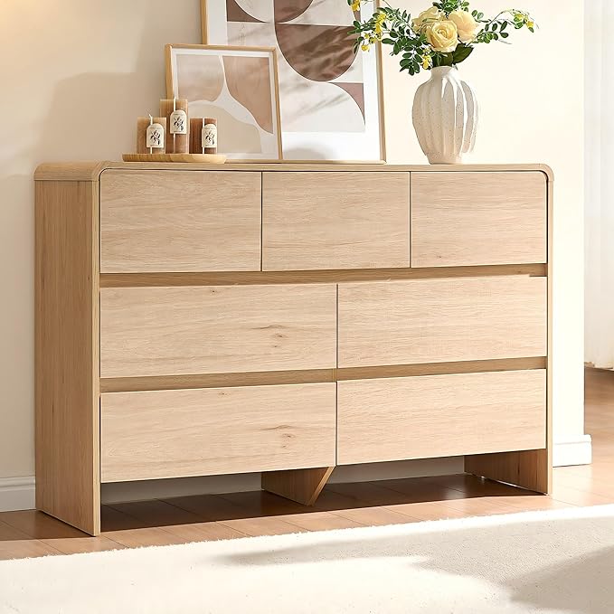 AMERLIFE 7 Drawer Dresser for Bedroom, 49" Wide Modern Chest of Storage Drawers with Rounded Corners, Anti-Tip Kit, Wood Cabinet Organizer for Closet, Apartment, Nursery, Easy Assembly, Light Oak