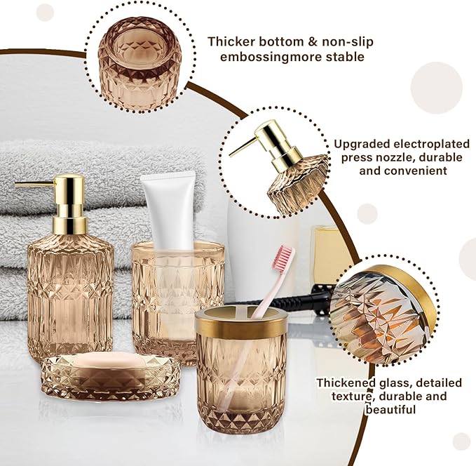 5Pcs Brown Bathroom Accessories Set, Glass Bathroom Accessories, Vintage Bathroom Countertop Decoration Includes Soap Dispenser, Toothbrush Holder, Qtip Holder,Soap Dish and Rinsing Cup