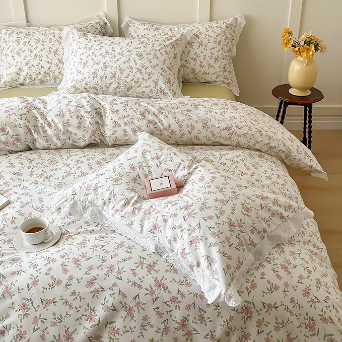 LifeTB Ruffle Duvet Cover Twin 100% Cotton Pink Flower Duvet Cover Girls Princess Lace Bedding Set Vintage Floral Botanical Comforter Cover with Chic White Ruffle Lace Cute Floral Bedding Set Twin