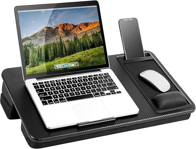 LAPGEAR Extra Large Adjustable Lap Desk – Fits Laptops up to 17.3”, Adjustable Cushion, Memory Foam Wrist Rest, Mouse Pad, Device Ledge, & Phone Slot – Black Carbon - Style No. 88108