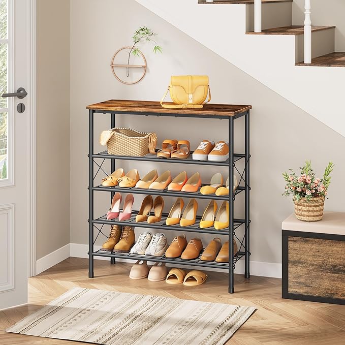 Tajsoon 5 Tier Shoe Rack Organizer for 16-20 Pairs of Shoes, Metal Mesh Shoe Shelf for Closet, Industrial Shoe Rack for Entryway Shoe Storage with X Shape Fixed Frame, Rustic Brown & Black