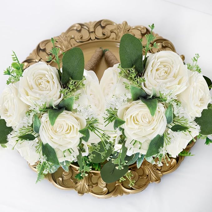 White Bridesmaid Bouquets for Wedding - 7 Inch Ivory Artificial Flowers Bouquets for Ceremony Anniversary Centerpieces Decorations
