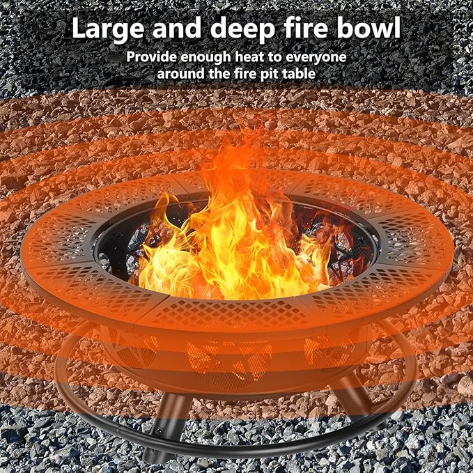 Outvue 42 Inch Fire Pit with 2 Grills, Extra Large Wood Burning Fire Pits for Outside with Lid & Poker, Heavy Duty Firepit,BBQ& Outdoor Fire Pit & Round Metal Table 3 in 1 for Patio, Picnic, Party