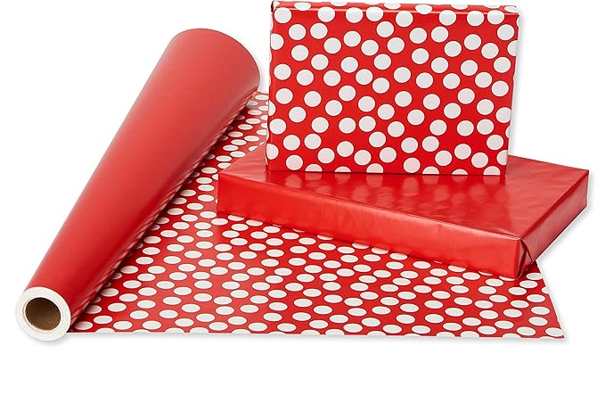 American Greetings Jumbo Reversible Red Wrapping Paper Roll for Christmas, Valentine's Day or Any Occasion (175 sq. ft., 1 Extra Large Roll-30 in. x 70 ft.) White Polka Dots
