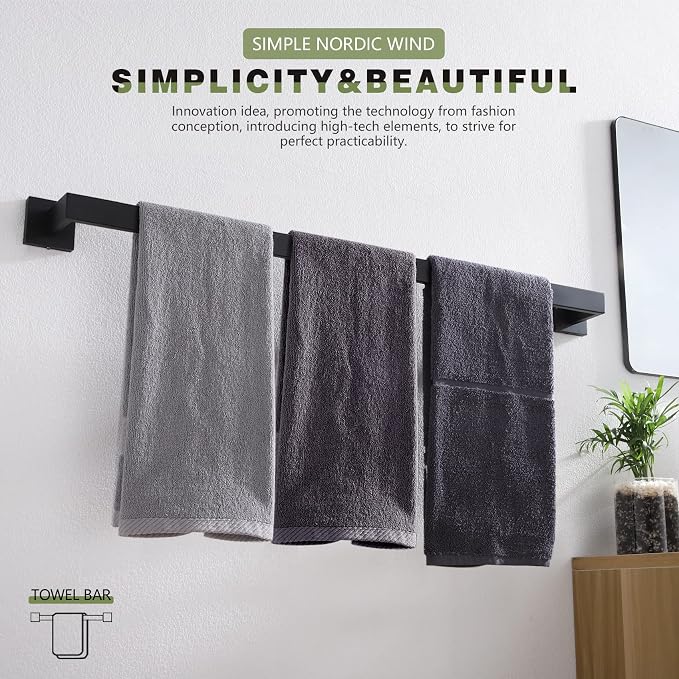 KOKOSIRI 32-Inch Single Towel Bar, Bathroom Kitchen Towel Holder, Wall Mounted SUS304 Stainless Steel Towel Rack 2 Pack, Matte Black, B4003BK-L32-P2