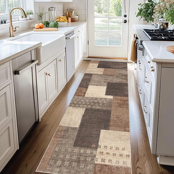 Modern Geometric Patchwork Indoor Runner Rug for Living Room, Beige 2.7'x 10' Large Rug Rockwood Collection Hardwood Floors Decor for Bedroom, Beige Throw Carpet for Office Entryway Dining Room