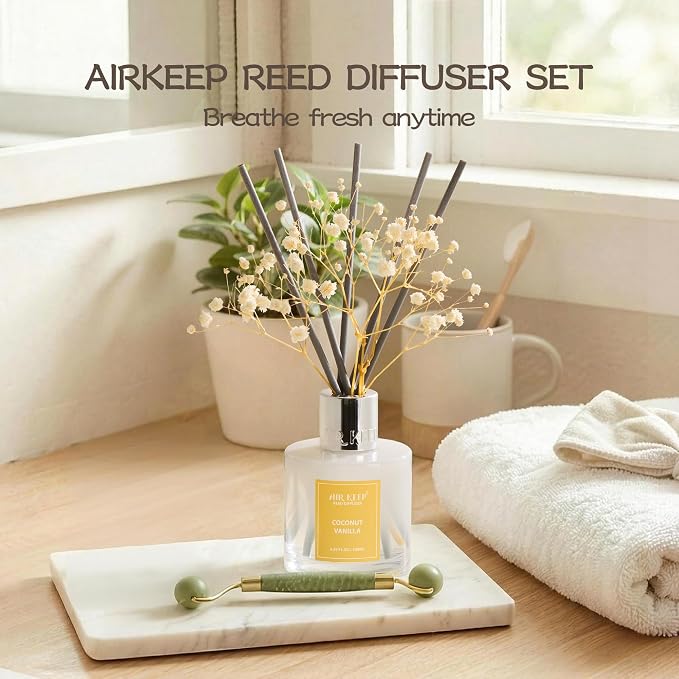 Airkeep Reed Diffuser Set,3.38 fl oz (100 ml) - Coconut Vanilla Oil Diffusers with 8 Reed Sticks, Home Fragrance Reed Diffuser for Bathroom Shelf Decor