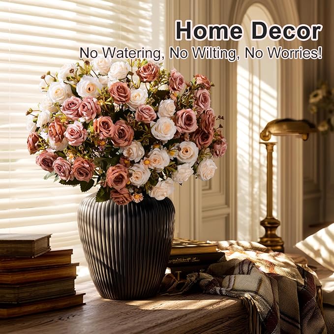 Artificial Rose Flowers for Outdoor 4 Bundles Rose Bouquet with Daisy Faux Flowers UV Resistant for Home Indoor Outside Garden Porch Window Box Balcony Yard Porch Fall Decor (White+Brown)
