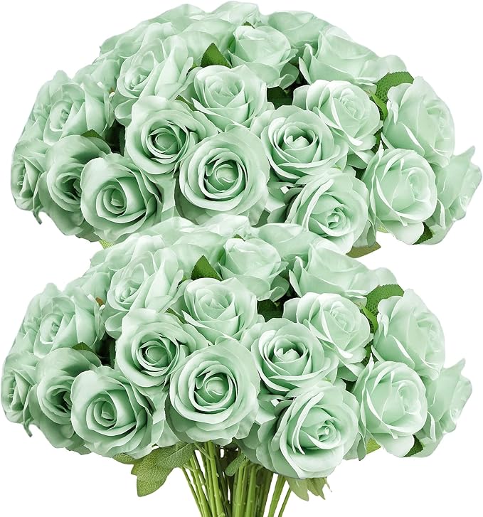 Artificial Rose Flower Artificial Flowers Flower with Long Stem Silk Roses Bouquet for Wedding Bridal Shower Party Home Decoration (Sage Green, 30 Pcs)
