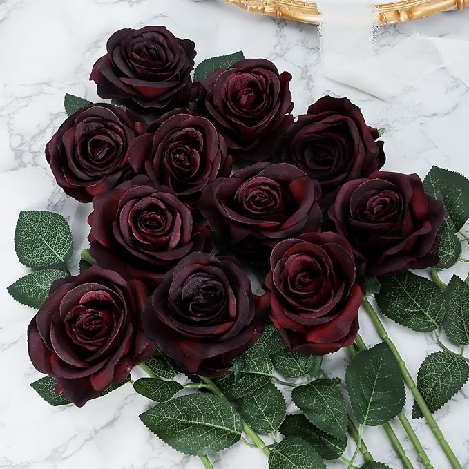 50pcs Artificial Roses Flowers in Bulk,Realistic Silk Fake Rose with Long Stem for Wedding Centerpieces Bouquet Party Floral Arrangement Home Decoration (Black&Red)